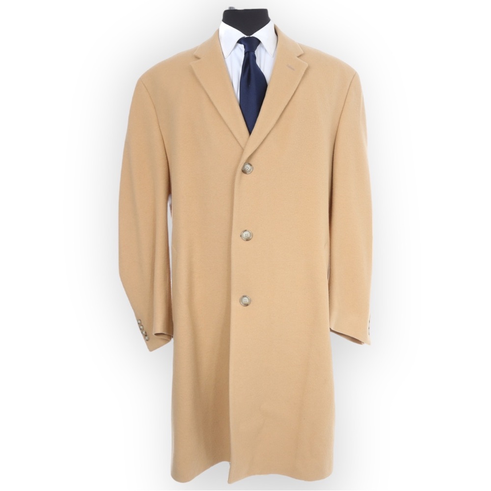 Near Mint Men’s Jos A. Bank Camel Wool Flannel Top Coat - Size 44